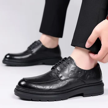 Пролетни мъжки офис обувки за мъже Кожа TAll черен кафяв открит износоустойчив ежедневни обувки мода мъже платформа Oxfords обувки