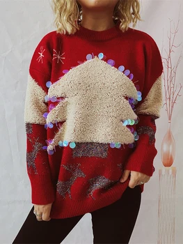 Дамски пайети Коледа пуловер дълъг ръкав кръг врата коледно дърво пуловер празник трикотаж