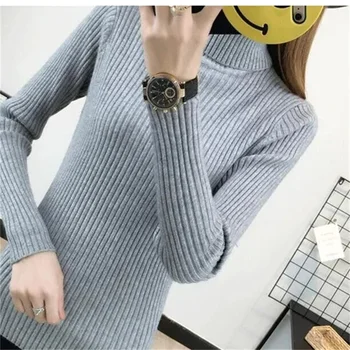 2023 Жените пуловер поло пуловер есента дълъг ръкав тънък еластичен корейски прост основен евтин джъмпер плътен цвят отгоре