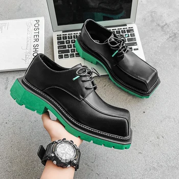 мъжки мода оригинални кожени обувки марка дизайнер квадратни пръсти обувка парти абитуриентска рокля черна стилна платформа обувки zapato hombre