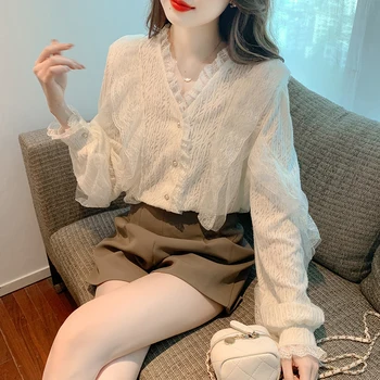 2023 Ежедневни V-образно деколте бели върхове есен къдрава блуза корейски стил дълъг ръкав дантела риза елегантни дрехи Blusas Mujer 29520