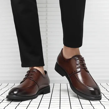 Мъжки кожени обувки дизайнер марка сватбени обувки дантела нагоре случайни бизнес точка пръсти дебела подметка офис официален мъжки Oxfords обувки