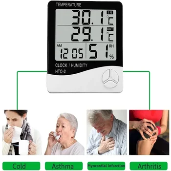 LCD електронен цифров температурен влагомер Термометър Хигрометър Вътрешна външна метеорологична станция Часовник HTC-2