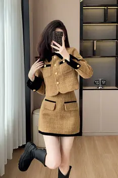 UNXX 2023 Есен Зима Нова мода Френски висок клас Sense Tweed контрастен цвят Blazer яке и пола комплект за жени женски момиче