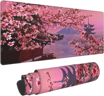 Голяма подложка за мишка Черешови цветове и връх Фуджи Сакура Геймърска подложка за бюро за жени Подаръци Голям 31.5x11.8 In