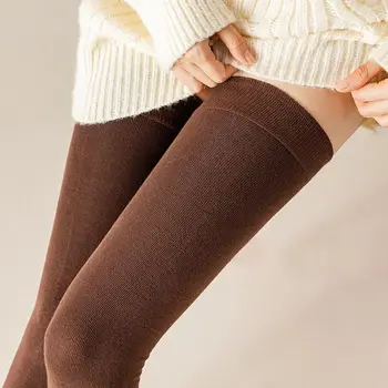 Мода жени коляното високи чорапи мода JK есен зима топло тънък нехлъзгащи чорапи момичета плътен цвят сладък памук чорапи