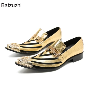Batzuzhi Сиво/Златно Официален бизнес, парти обувки Мъже Луксозни италиански мъжки обувки Заострени метални пръсти кожена рокля обувки мъже