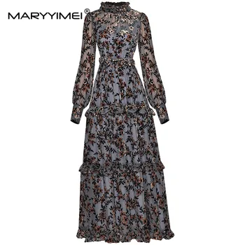 MARYYIMEI Fashion Runway есенни мрежести рокли Жените стендъп яка фенер ръкав стадо печат реколта дълго парти рокля