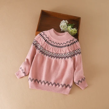 Детски плетени пуловери Поло реколта печат трикотажни жакард пуловер зимата топло дълъг ръкав деца момичета облекло