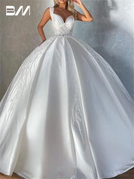 Елегантна сатенена бална рокля сватбена рокля с бродерия дантелени мъниста булката рокли с скъпа илюзия талията булчинска рокля