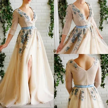 2024 Елегантна дантела 3D флорални V деколте абитуриентски рокли Апликирана странична сплит вечерна рокля Линия Три четвърти ръкав парти рокли