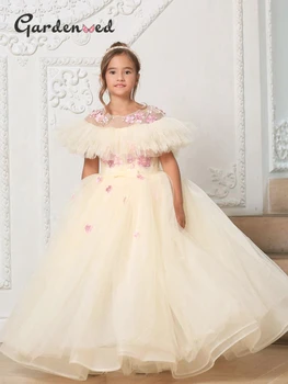 Пухкава принцеса рокли Тюл Първо причастие рокли перли колан цвете момиче рокля момиче сватбено парти рокля бебе рожден ден