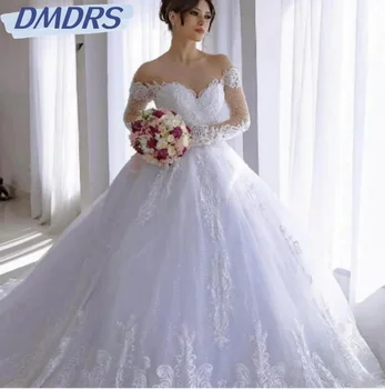 Елегантни перли от рамото булка халат класически дантела апликации дължина до пода булчинска рокля романтична топка рокля сватбена рокля