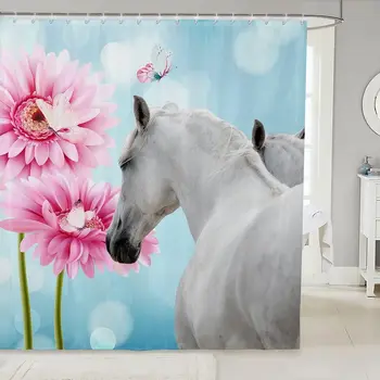 Horse Animal Душ завеси Цветни растения White Steed отпечатани плат Баня декор завеси Налични Разнообразие от размери