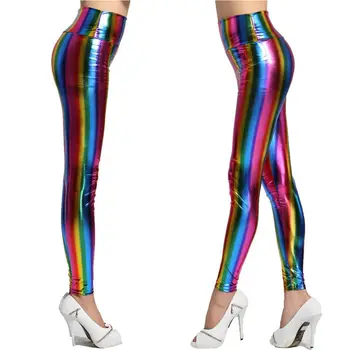 Дамски ретро клинове Rainbow Stripe Възрастен дискотека кожени панталони фантазия рокля костюм панталони