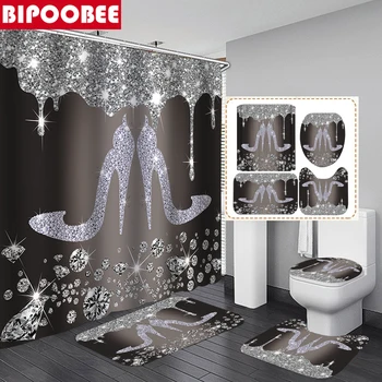 Благороден и великолепен диамант високи токчета отпечатани душ завеса баня завеси за баня постелки килими против хлъзгане килим тоалетна капак