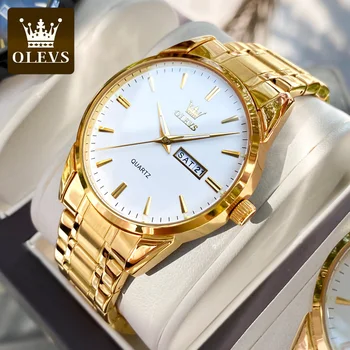 OLEVS Класически златни ръчни часовници за топ марка луксозен бизнес кожа водоустойчив светлинен неръждаема стомана мъже кварцов ръчен часовник