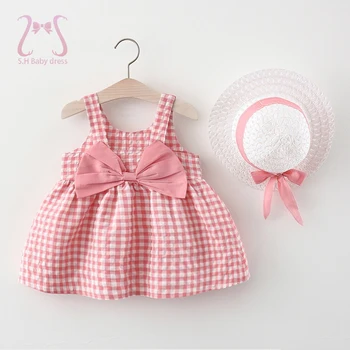 2Pcs/Set Baby Girl Plaid Sweet Bow Лятна рокля за рожден ден Детска детска екипировка 0 до 3 години Детски дрехи Костюм + шапка