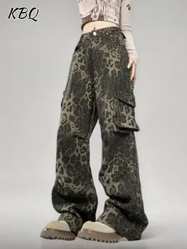 KBQ пачуърк джобове леопард печат карго панталони за жени висока талия снаждане бутон хлабав улично облекло широк крак панталони женски нов