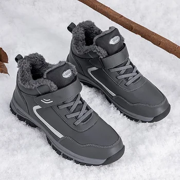Зимни мъжки нов стил висок връх нехлъзгащи се водоустойчиви кожени маратонки сняг ботуши жени на открито туристически обувки работни обувки