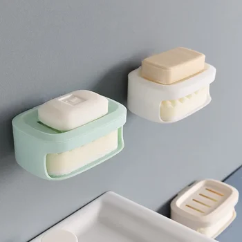Нов плътен цвят творчески удебелена пластмасова дренажна сапунена кутия с гъба Двойна проста сапунена държач Баня обикновена сапунена кутия