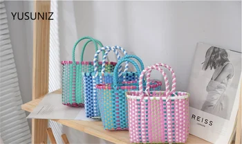 YUSUNIZ Нова цветна чанта Преносима кошница за пикник чанта Ръчно тъкана чанта Дамска чанта Малка ваканция плажна чанта Подарък за деца