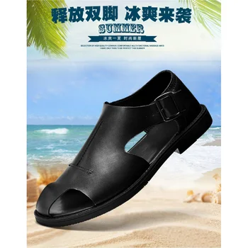 2023Летни мъжки кожени шевни сандали Нов дизайн мода Ежедневни черни сандали против хлъзгане Кожени плоски сандали