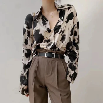 MEXZT печат бутон нагоре ризи жени корейски завой-надолу яка дълъг ръкав шифон блуза улично облекло мода извънгабаритни 3Xl върхове