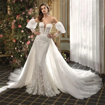 Лоренсия принцеса сватбена рокля русалка булчински рокли дантела апликация булката рокля подвижна влак ръкав Vestido де Novia YMW120