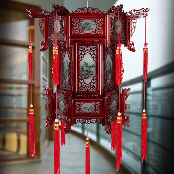 Palace фенер издълбани дървен фенер китайски балкон шестоъгълна червена овча кожа housewarming открит античен фенер