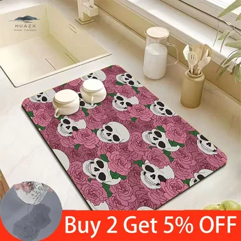 Rose Skeleton Dish Drying Mat Drain Pad for Kitchen Table Sink Bowl Plate Cup Bottle Super Absorbent Aesthetic Room Decoration