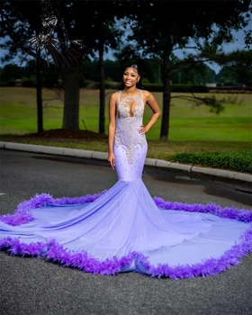 Purple Sheer O Neck Short Prom Dress For Black Girls Beaded Crystal Birthday Party Dresses Пера Вечерна рокля Русалка роба
