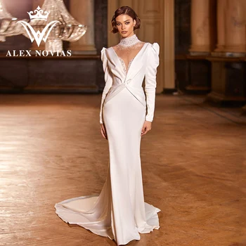 ALEX NOVIAS 2IN1 русалка дълъг ръкав сватбена рокля с яке 2023 оглавник мъниста CRYSTAL сатенена рокля Vestidos Novias De Saten