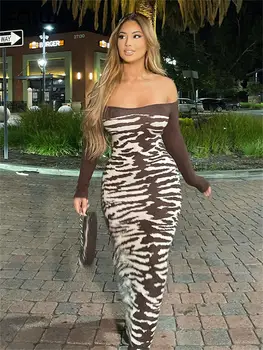 Habbris Brown Sexy Print Off Shoulder Long Dress Party Club Outfits For Women 2023 Есен без презрамки дълъг ръкав Bodycon Maxi рокля
