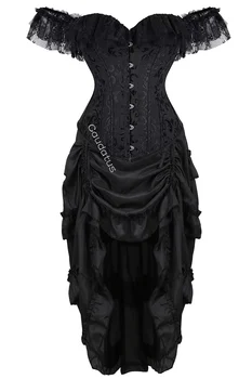 Корсет рокля Tutu Skrits комплект Overbust с дантела ръкав костюм парти секси бурлеска баски облекло плюс размер реколта розово черно