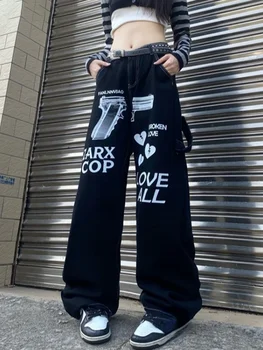 Хип-хоп черен печат реколта дънки Жена товар Улично облекло Harajuku Y2k естетически дънкови панталони с висока талия корейски модни панталони