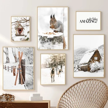 Зимен пейзаж картина платно живопис стена изкуство модерен бял сняг лосове дърво бор плакат и печат за дома хол декор