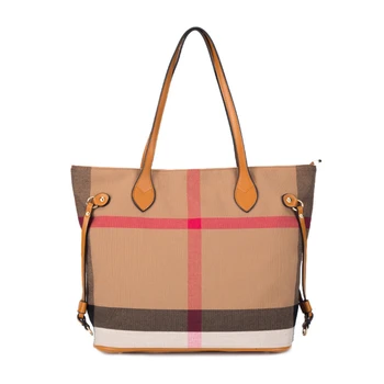 2023 Луксозни жени голяма пазарска чанта висококачествена ретро женска чанта за рамо Plaid Stripe Canvas Естествена кожа Голяма чанта