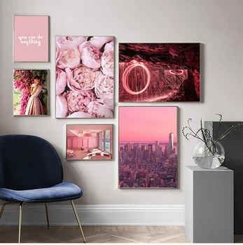 Стенно изкуство платно живопис розов град цвете светлина плаж момиче снимка скандинавски плакати и отпечатъци стена снимки за хол декор