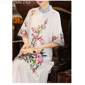 2023 китайски стил бяла бродерия Cheongsam върховете жени средна дължина Femme ханфу етнически елеганти реколта риза Tang костюм женски