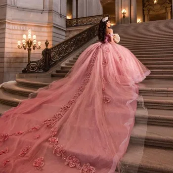 Обича розово от рамото Мексикански Quinceanera рокля апликации мъниста vestido de XV Anos 15 16 Рожден ден Абитуриентска рокля 2024