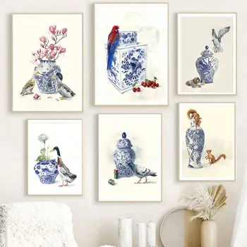 Реколта синьо бяло порцеланова ваза цвете животински платно живопис печат патица птица катерица стена произведения на изкуството плакати хол декор