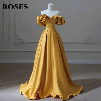 ROSES Жълта абитуриентска рокля от рамото парти рокля Петно от линия Ruched Дамска вечерна рокля Ruchsia V Neck Официална рокля 프롬 드레스