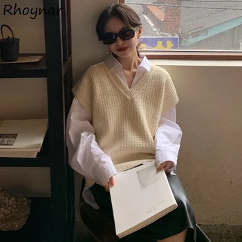 Пуловер жилетка жени v-образно деколте твърди минималистични preppy причинно-следствена всички мач уютен есен мода корейски стил улично облекло трикотажни женски