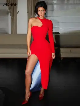 Дамски червени секси едно рамо глезена дължина дълъг ръкав кухи навън високо сплит асиметрични 2023 нова превръзка Bodycon парти рокля