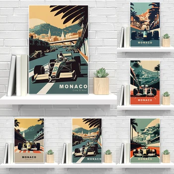 Ретро Монако Формула Гран При състезателни плакат и печат реколта спортна кола графити платно живопис суперкола стена изкуство стая декор