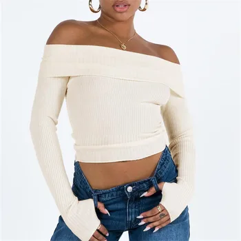 Gaono жени Y2K рамо пуловер дълъг ръкав тънък годни плета кроп топ реколта пуловер пуловери мода трикотаж