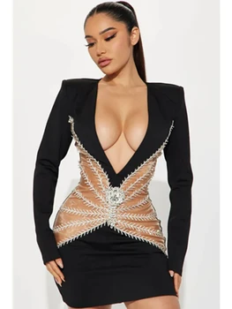 Жените знаменитост секси дълъг ръкав пачуърк мъниста диаманти блестящ черен превръзка рокля елегантен вечерно парти клуб рокля