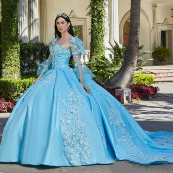 Небесно синя рокля на Quinceanera 2024 3D апликации за цветя Дантелени мъниста Момиче Сладки 15 16 Рожден ден Вестидос де Фиестадей принцеса конкурс