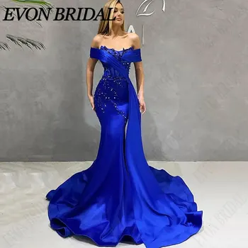 EVON BRIDAL Сатенена русалка абитуриентски рокли Секси лодка врата от рамото Апликации Вечерни рокли Официален повод Vestidos De Noche